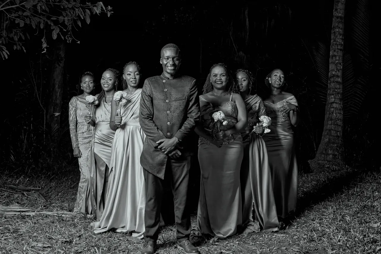 Groom and bridal party in black and white, Mombasa wedding photographer