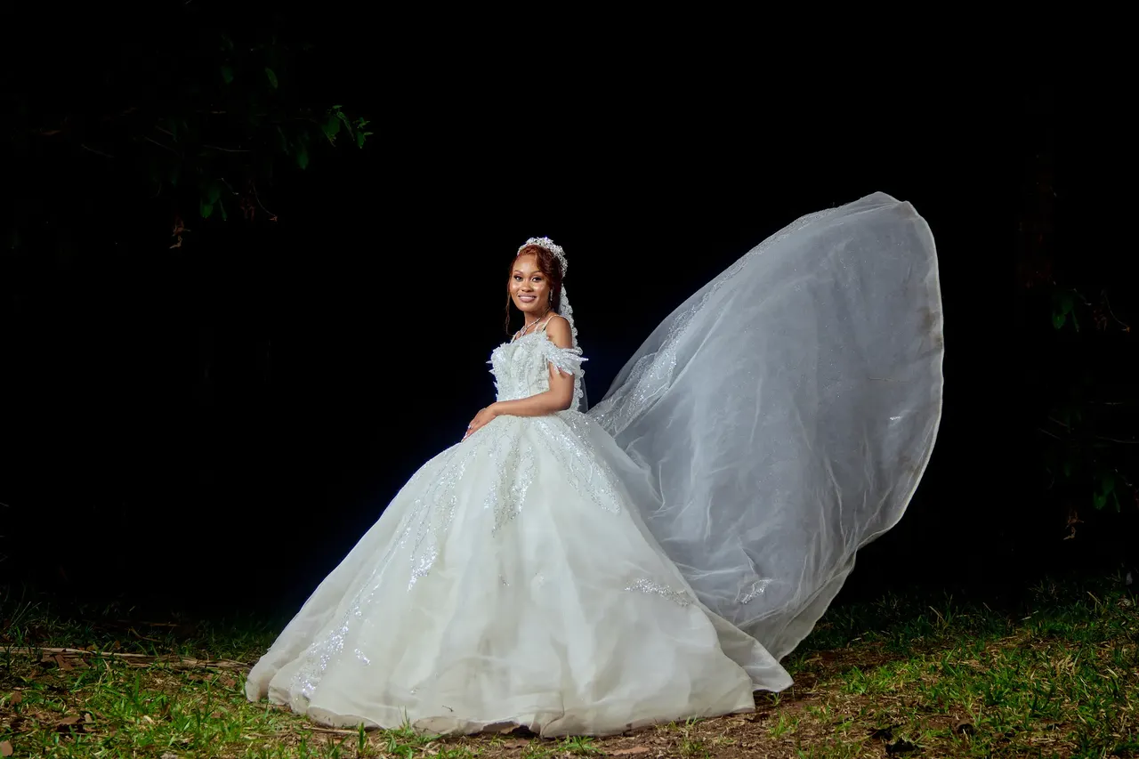 Bride with her veil flowing in the wind